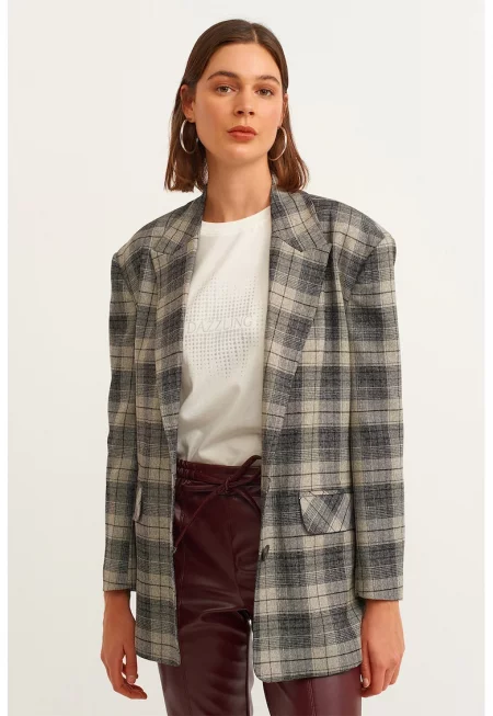 Карирано свободно сако - Tъмносив/Камел