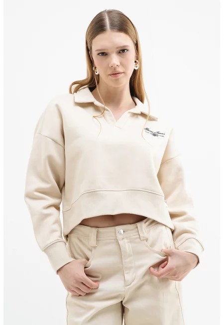 Къс свободен суитшърт с яка - Светло бежово