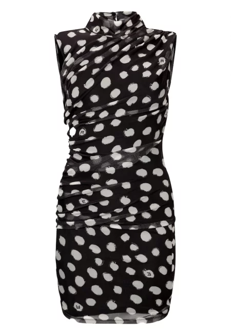 Къса вталена рокля на точки - Бял/Черен