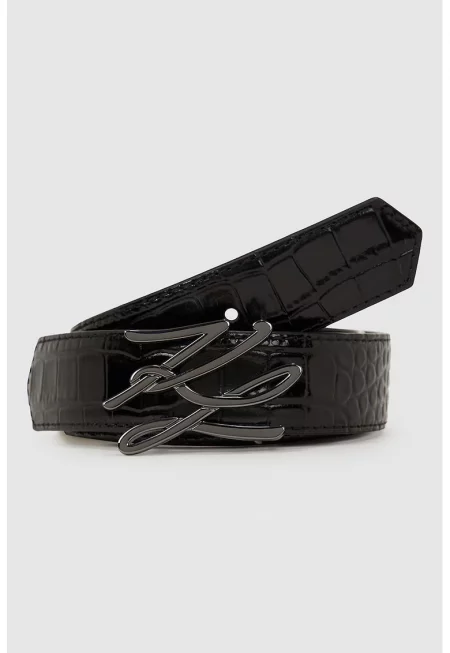 Колан от лачена кожа с тока с лого - Черен