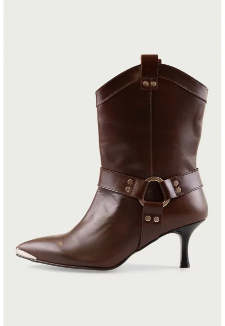 Кожени боти с каишка - Тъмнокафяв