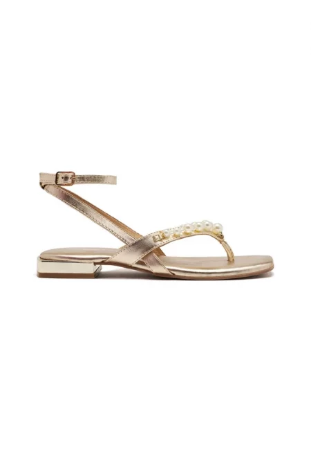 Кожени сандали с тока и мъниста - Златист