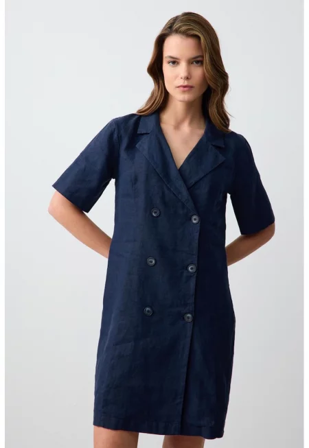 Ленена рокля с двуредно закопчаване - Тъмносин