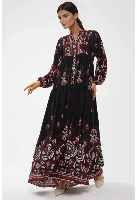 Макси рокля -  дълъг ръкав - щампа - черно/червено - вискоза