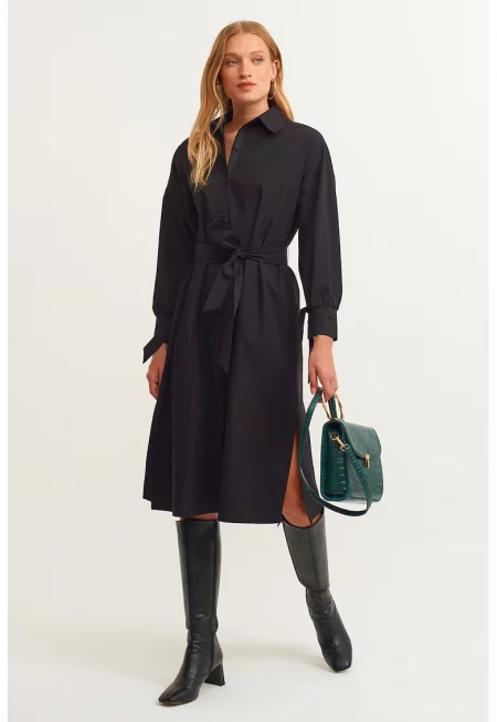 Миди рокля-риза с връзки - Черен