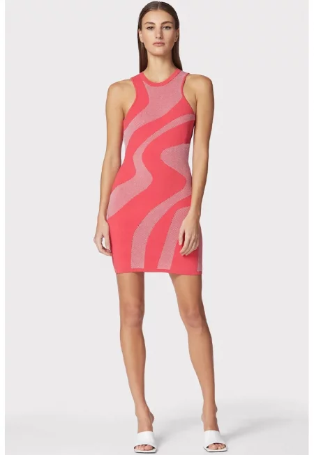 Мини рокля без ръкави от двойно плетено жакардово трико с абстрактен принт - Корал