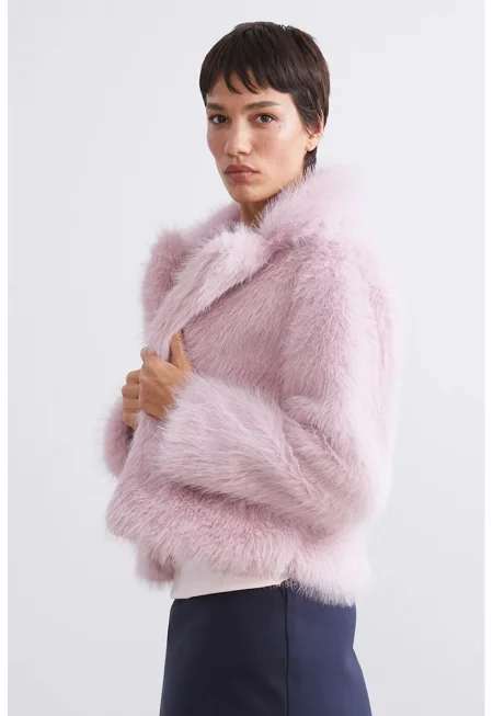 Палто от еко пух с раздвоен ревер - Пастелнорозов