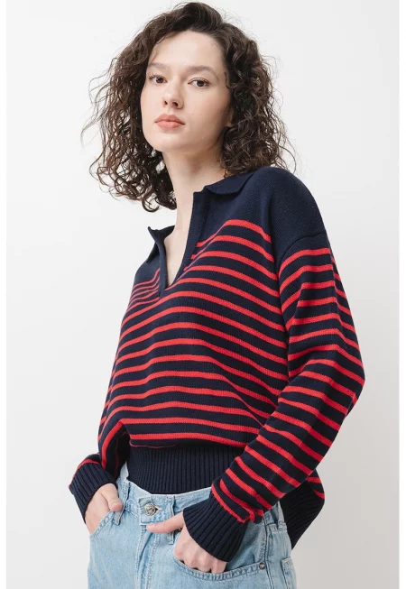 Плетен пуловер на райе - Червен/Тъмносин