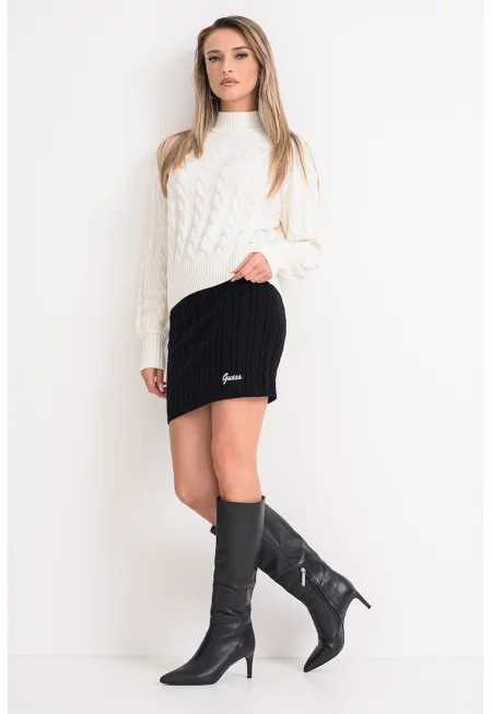 Плетен пуловер с вълна с рипсен подгъв - Крем