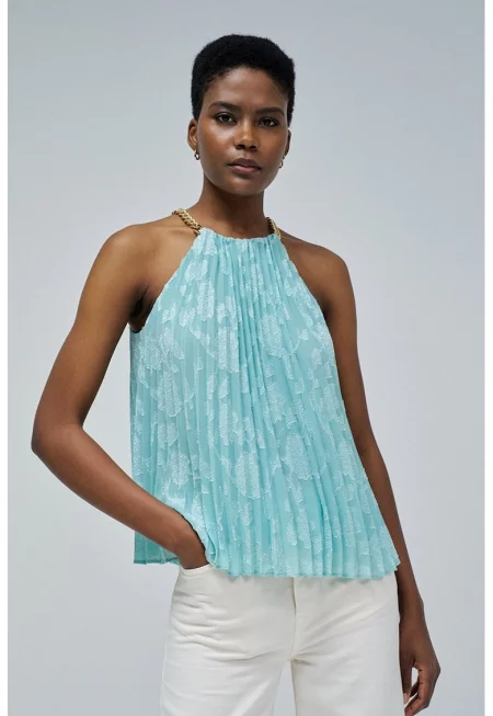 Плисиран топ с верижка - Светлосин
