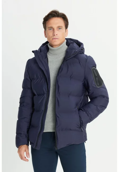 Подплатено зимно яке с качулка - Тъмносин