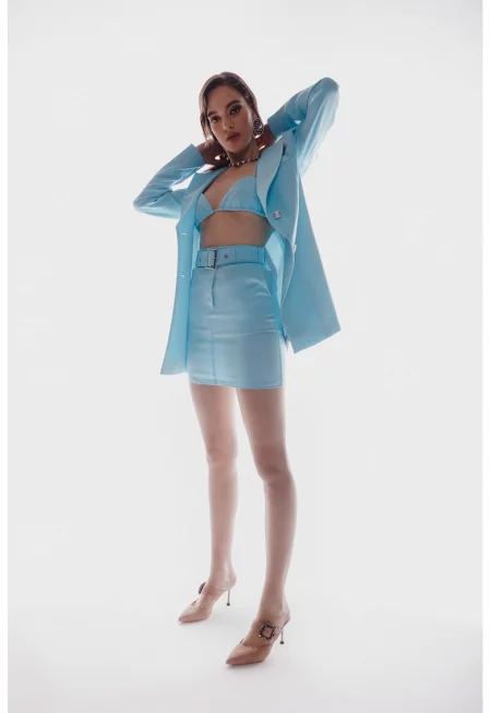 Пола с висока талия и скосени джобове - Светлосин