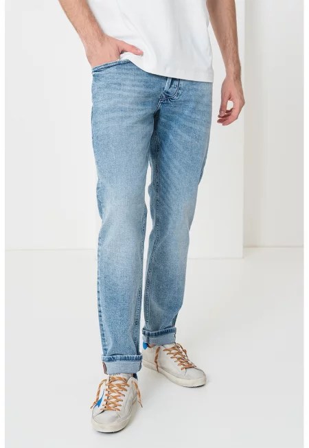 Прави памучни дънки с копчета - Светлосин меланж