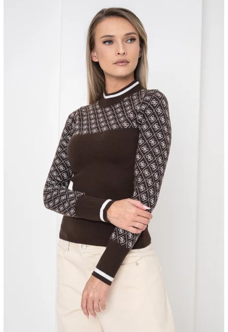 Пуловер с ниска яка и десенирани кантове