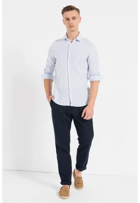 Раирана ленена риза - Бял/Син