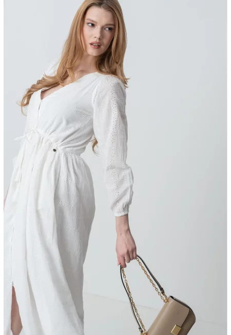 Разкроена миди рокля - Бял