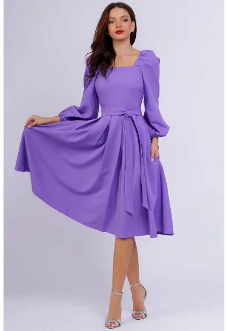 Разкроена миди рокля с бухнали ръкави - Лилав