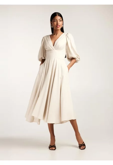 Разкроена рокля с бамбукови нишки с бухнали ръкави