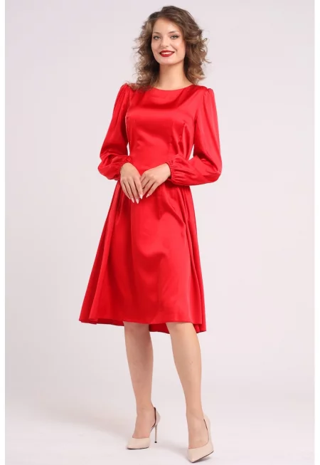 Разкроена сатинирана миди рокля - Аленочервен