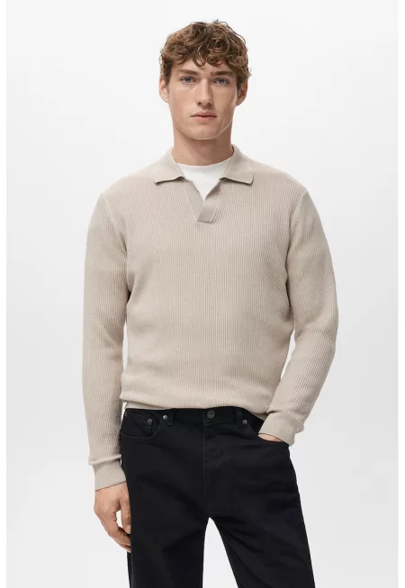 Рипсен пуловер с яка - Бежов