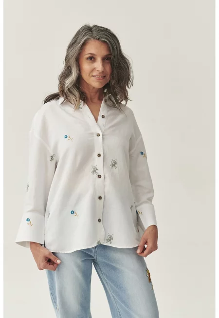 Риза с лен и бродерии - Мръснобял