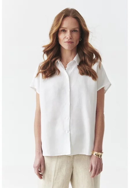 Риза с лен с къси ръкави - Бял