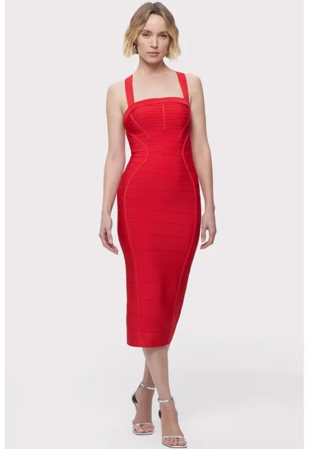 Rochie midi cu bretele in X - Червен