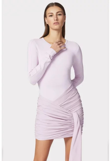 Rochie mini cu maneci lungi si detalii drapate - Розово