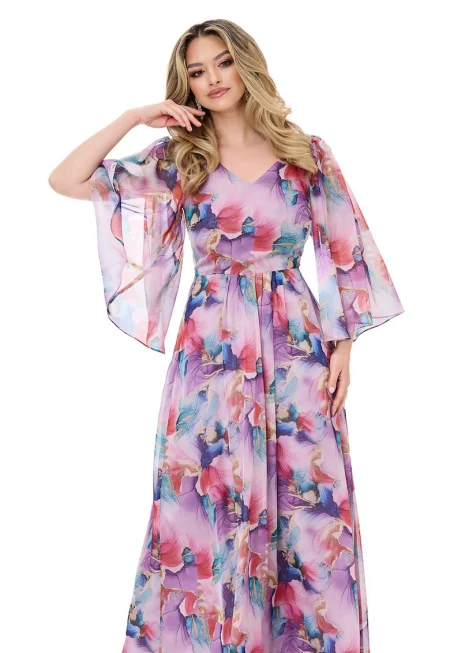 Рокля Monasque от шифон със свободни ръкави - Виолетов/Розово/Син