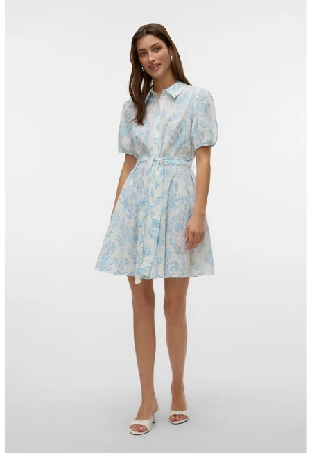 Рокля-риза от органичен памук с връзка - Лавандула/Мръснобял