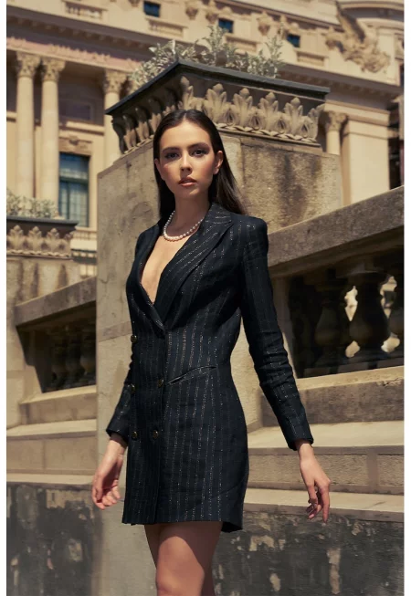 Рокля тип сако с двуредно закопчаване - Черен/Сребрист