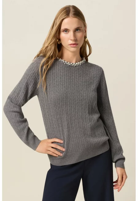 Слим пуловер с овално деколте - Tъмносив