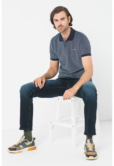 Тениска от пике с яка и лого - Бял/Ултрамарин синьо