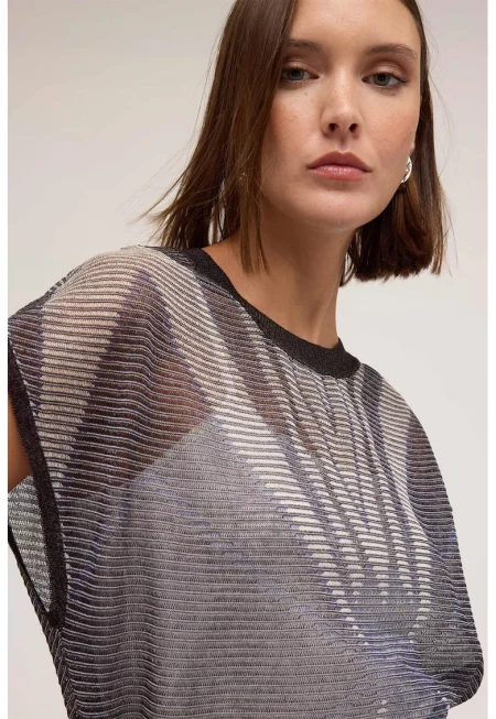 Тениска с овално деколте и графика - Светло сив/Антрацитно сиво/Крем