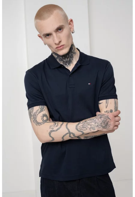 Тениска с яка и лого - Ултрамарин синьо