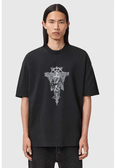 Уголемена тениска Swords с принт на гърба - Бял/Син/Антрацитно сиво