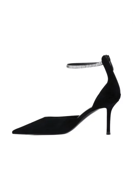 Велурени обувки с каишка на глезена - Черен/Сребрист