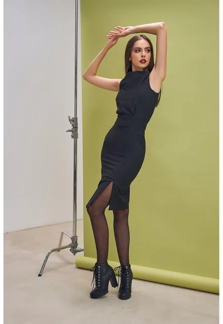 Вталена рокля със странична цепка - Черен