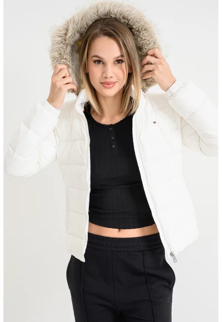 Зимно яке с пухена вата и качулка - Бял/Мръснобял