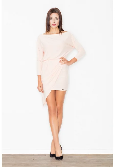 асиметрична - елегантна - розова рокля - с дълъг ръкав - полиестер