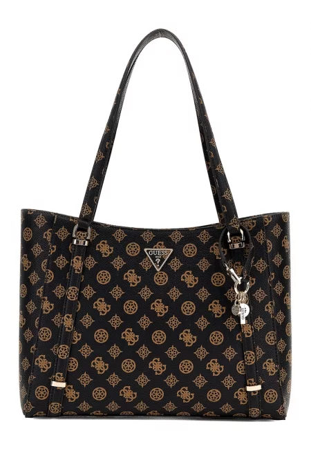 Чанта с цип и монограм - Черен - Кафяв