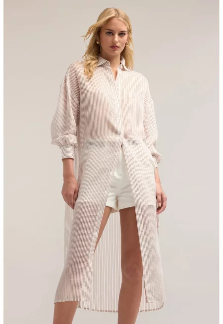 Дълга риза на райе - Кафяв/Бежов