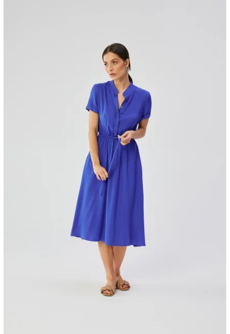 Дамска рокля - с висока яка и връзка на талията - полиестер - син