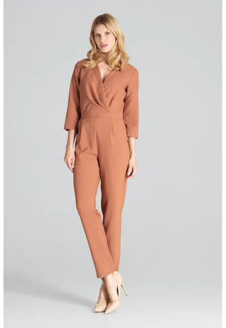 Дамски гащеризон -  елегантен - 3/4 ръкави - кафяв - полиестер