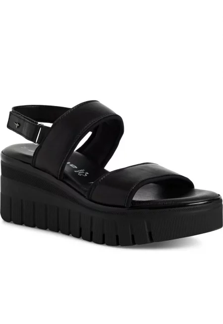 Дамски сандали на платформа -  текстил/естествена кожа - черни
