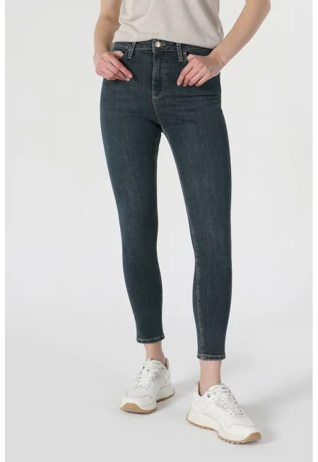 Дънки над глезена с висока талия - Прашно синьо