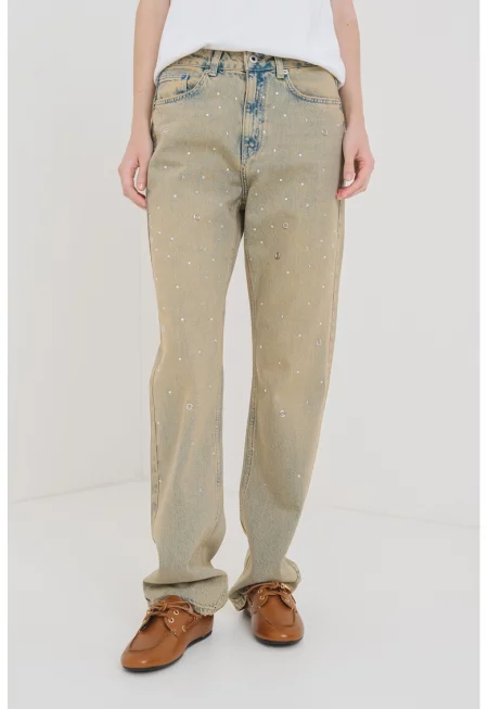 Дънки с декоративни камъни и капси - Сиво-бежов/Син