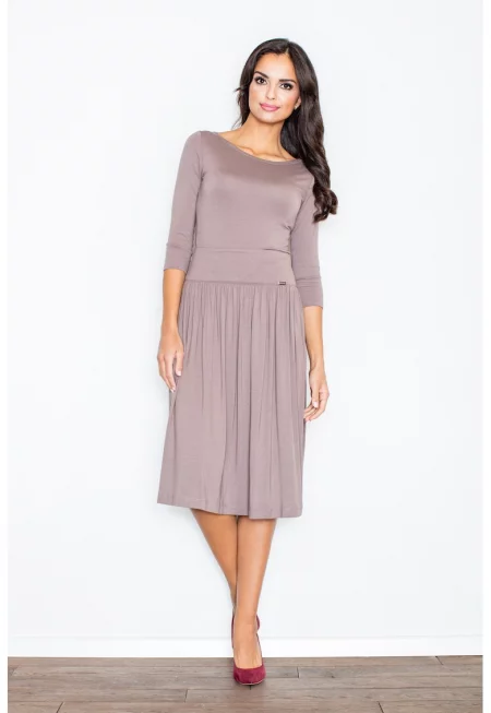 Елегантен комплект миди дреха  бежов - 3/4 ръкави