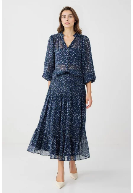 Флорална миди пола - Бял/Тъмносин