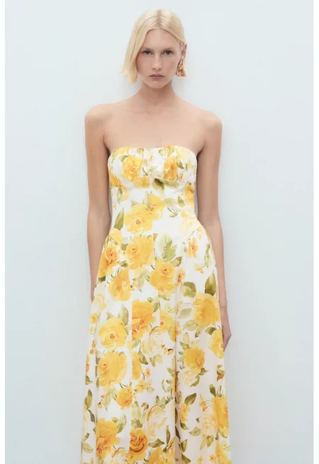 Флорална рокля с отделящи се презрамки - Сламеножълт/Маслинено зелено/Мръснобял